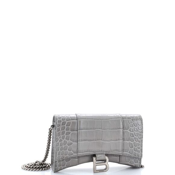 Balenciaga Hourglass Chain Wallet Crocodile Embossed Leather Gray - Picture 2 of 7